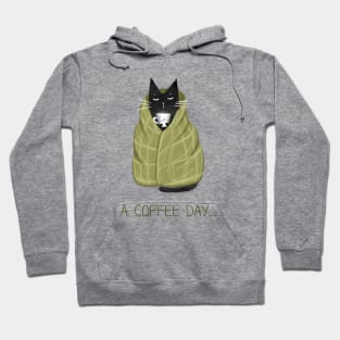 Cartoon funny black cat and the inscription "A coffee day". Hoodie